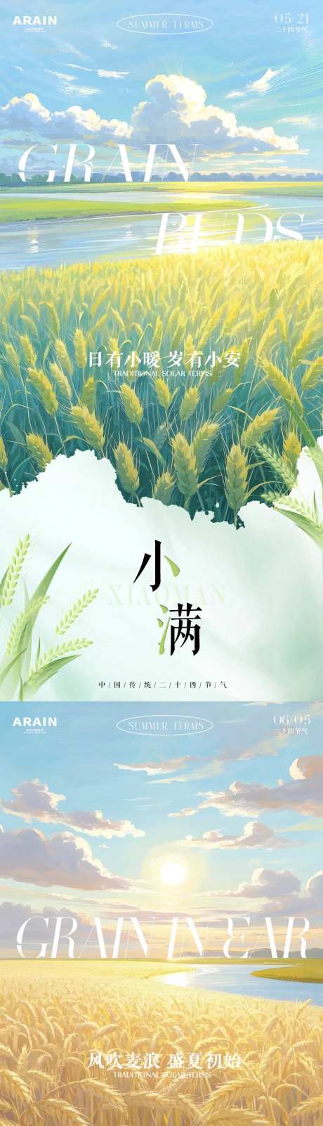 小满芒种麦田插画海报-采灵感-https://www.cailinggan.com/