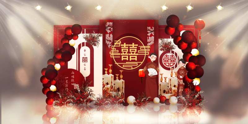 红色现代婚礼迎宾区美陈婚礼布置-采灵感-cailinggan.com