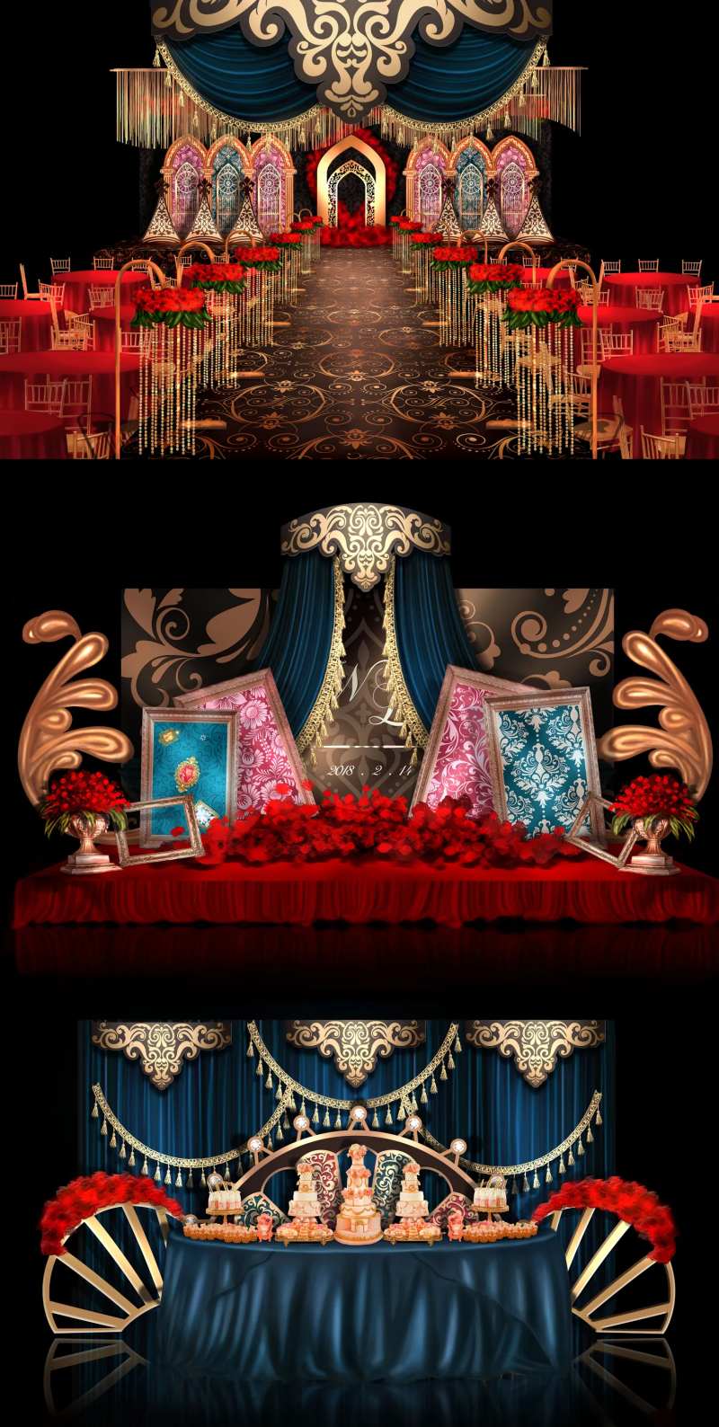 复古红金欧式婚礼效果图-采灵感-cailinggan.com
