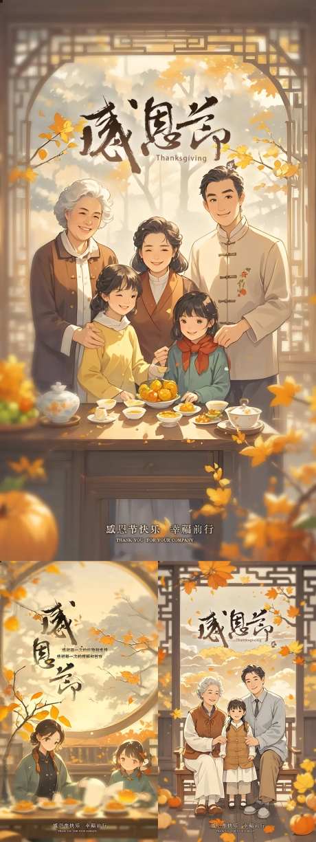 中国风感恩节插画海报-采灵感-https://www.cailinggan.com/
