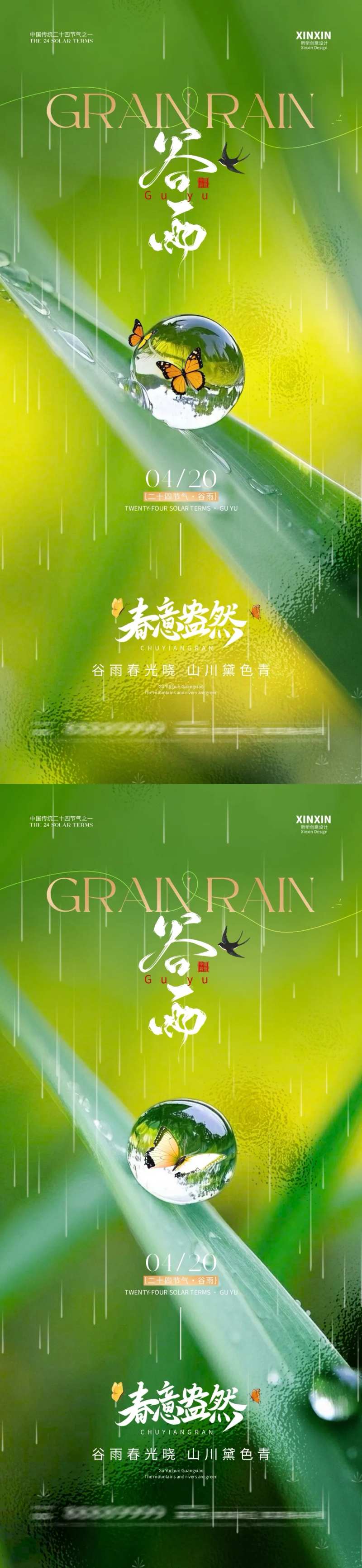 地产谷雨节气绿叶露珠海报-采灵感-cailinggan.com