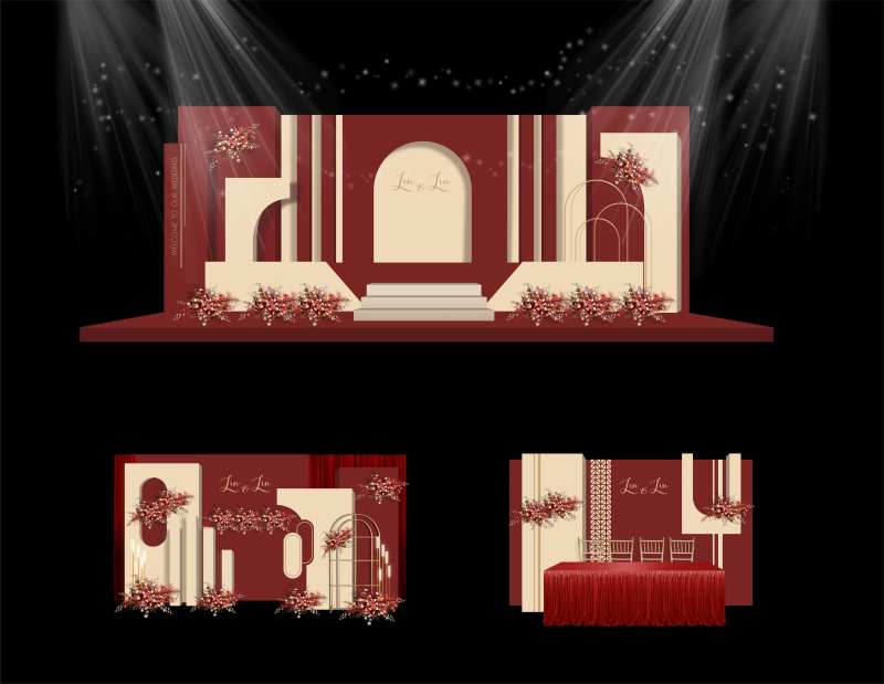 红色香槟色婚礼美陈布置-采灵感-cailinggan.com