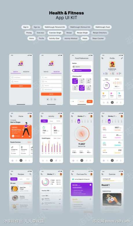 Health & Fitness App ui设计                                                                                                                                                                               -采灵感-https://www.cailinggan.com/
