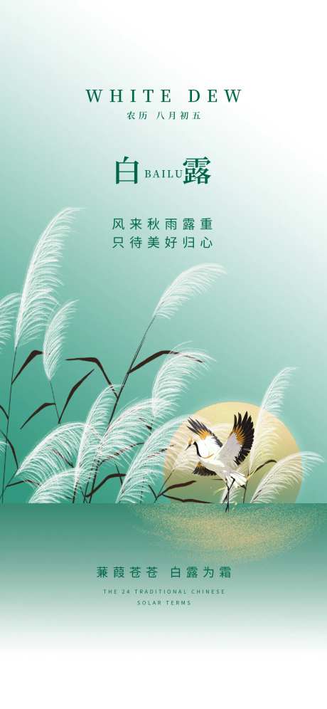 白露24节气绿色晚霞渐变白鹭海报-采灵感-https://www.cailinggan.com/