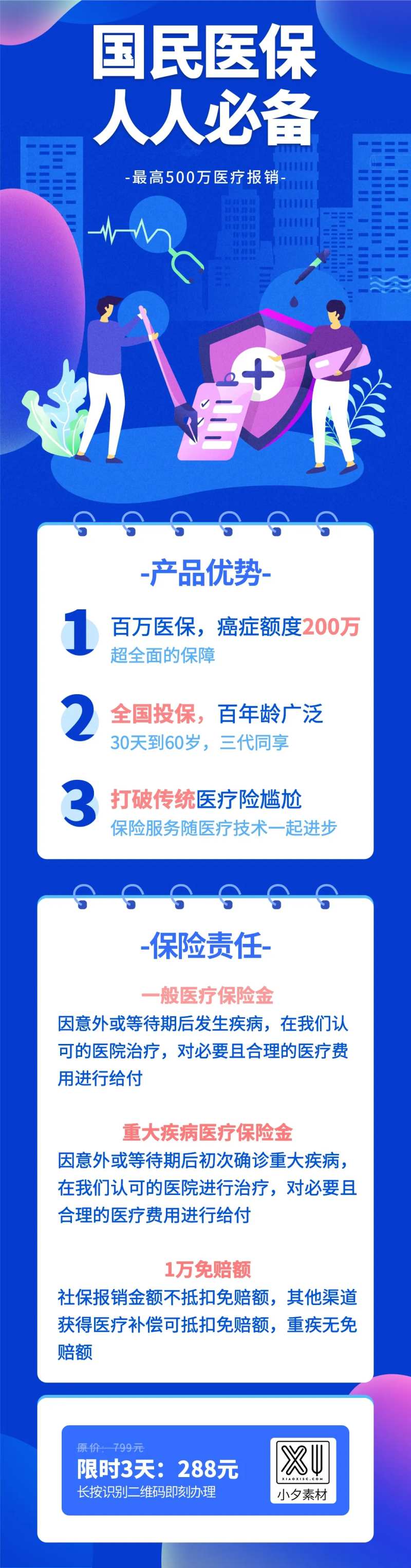 蓝色国民医疗重疾险保金介绍海报长图-采灵感-cailinggan.com