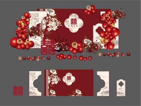 红色新中式订婚宴回门宴背景美陈-采灵感-https://www.cailinggan.com/