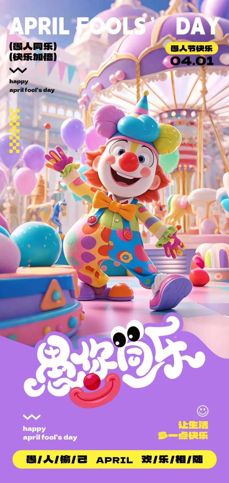 紫色小丑3D愚人节海报-采灵感-cailinggan.com
