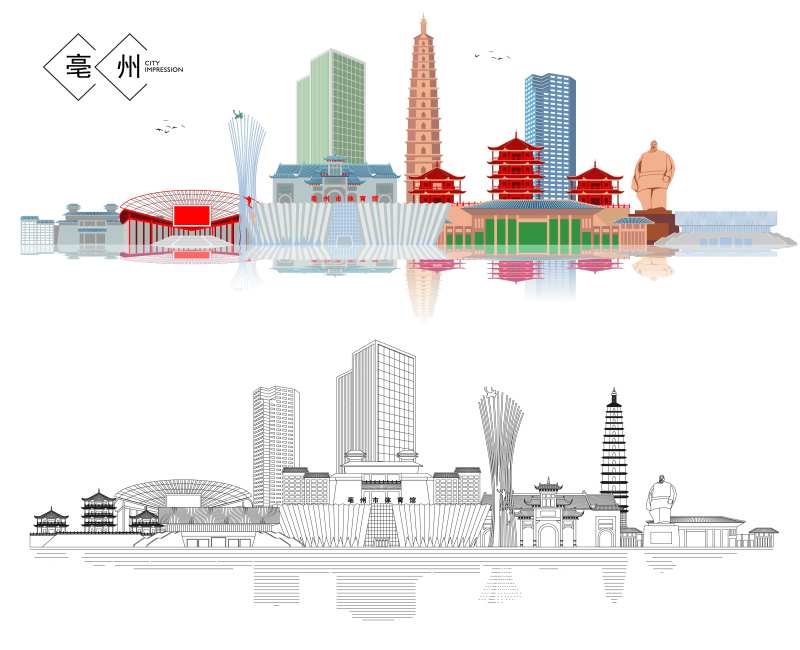 亳州地标建筑线描-采灵感-cailinggan.com