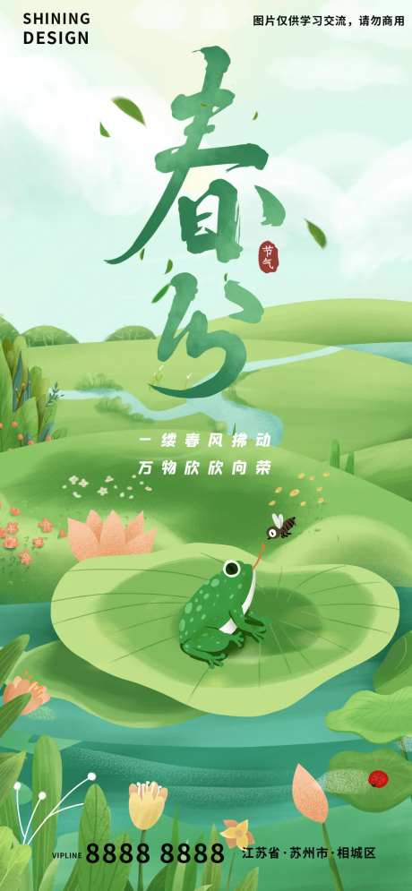 荷叶上的青蛙手绘插画春分节气海报-采灵感-https://www.cailinggan.com/