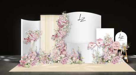 香槟白色粉色婚礼布置婚礼背景留影区-采灵感-https://www.cailinggan.com/