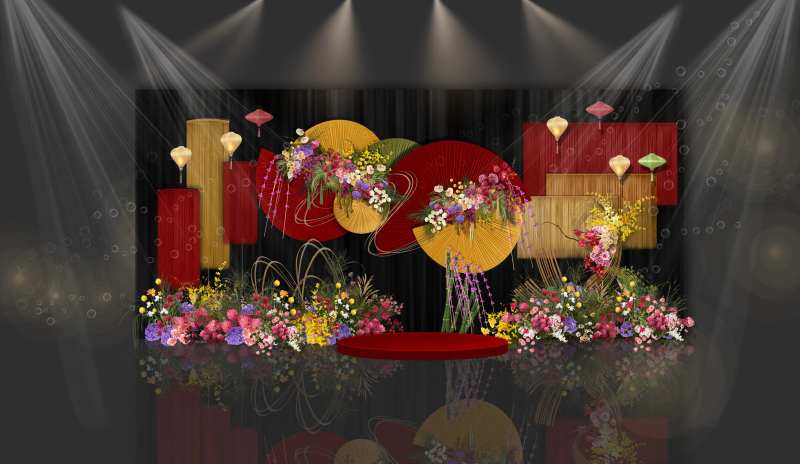 红金色布艺线帘南洋风婚礼效果图-采灵感-cailinggan.com