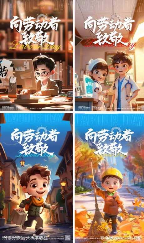 五一劳动节老师医生快递员环保工人海报-采灵感-https://www.cailinggan.com/