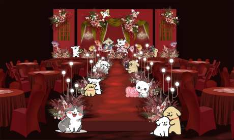 红色猫狗卡通婚礼效果图-采灵感-https://www.cailinggan.com/