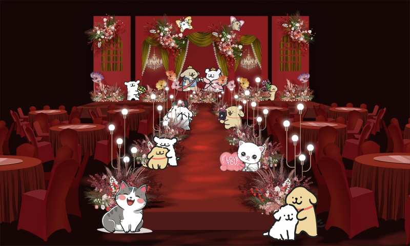 红色猫狗卡通婚礼效果图-采灵感-cailinggan.com