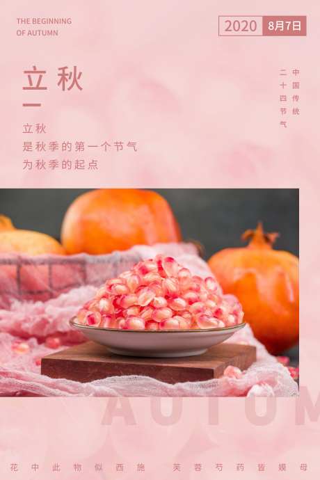 粉色石榴立秋节气海报-采灵感-https://www.cailinggan.com/