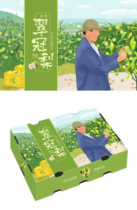 翠冠梨手绘插画水果包装盒-采灵感-https://www.cailinggan.com/