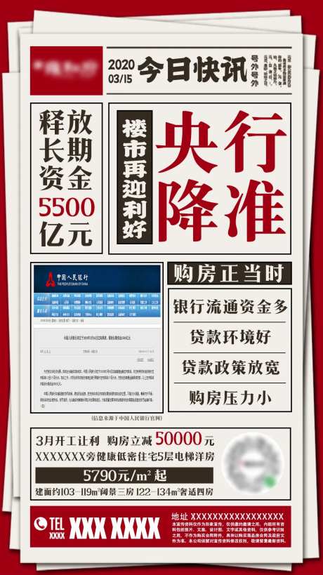 地产报纸版降息降准通知海报-采灵感-https://www.cailinggan.com/