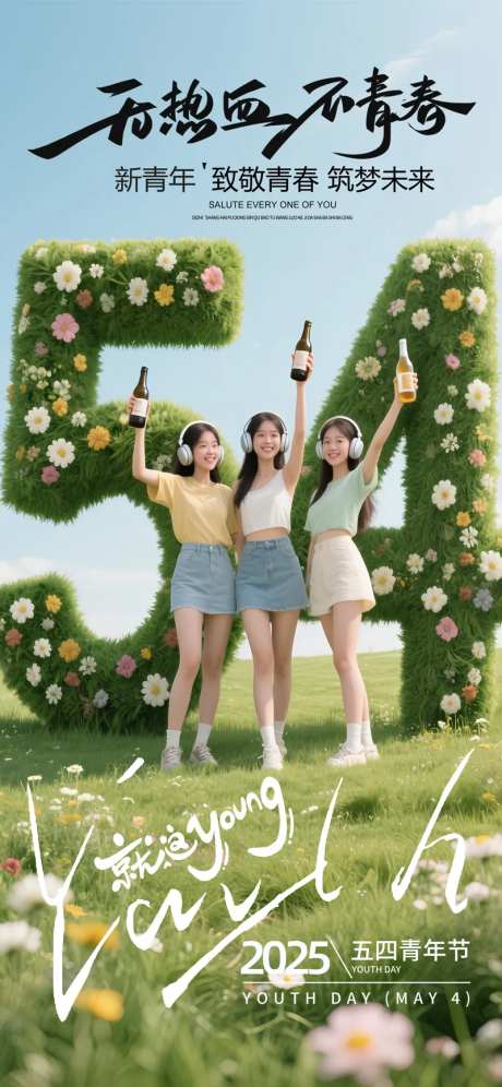 酒吧夜店五四青年节草坪花草字海报-采灵感-https://www.cailinggan.com/