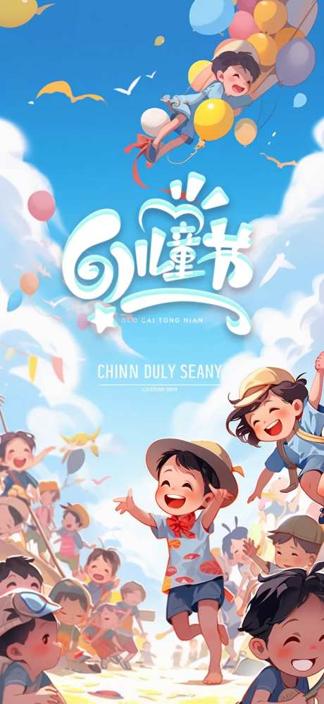 儿童节沙滩插画海报-采灵感-https://www.cailinggan.com/