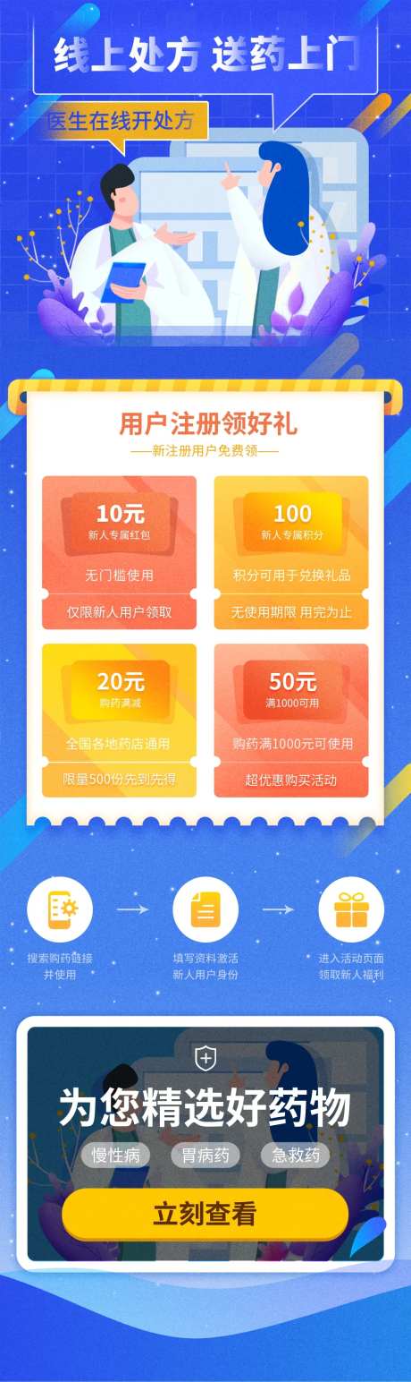蓝色线上处方送药上门营销长图-采灵感-https://www.cailinggan.com/