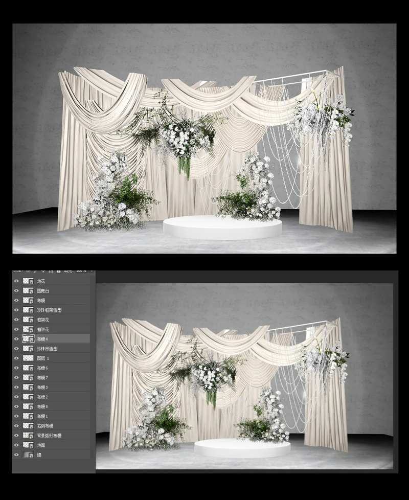 韩系香槟布幔婚礼合影区堆头美陈-采灵感-cailinggan.com