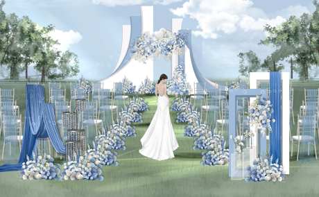 户外蓝白色简约婚礼效果图-采灵感-https://www.cailinggan.com/