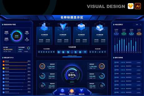 蓝色运营成交数字统计大屏UI设计-采灵感-https://www.cailinggan.com/