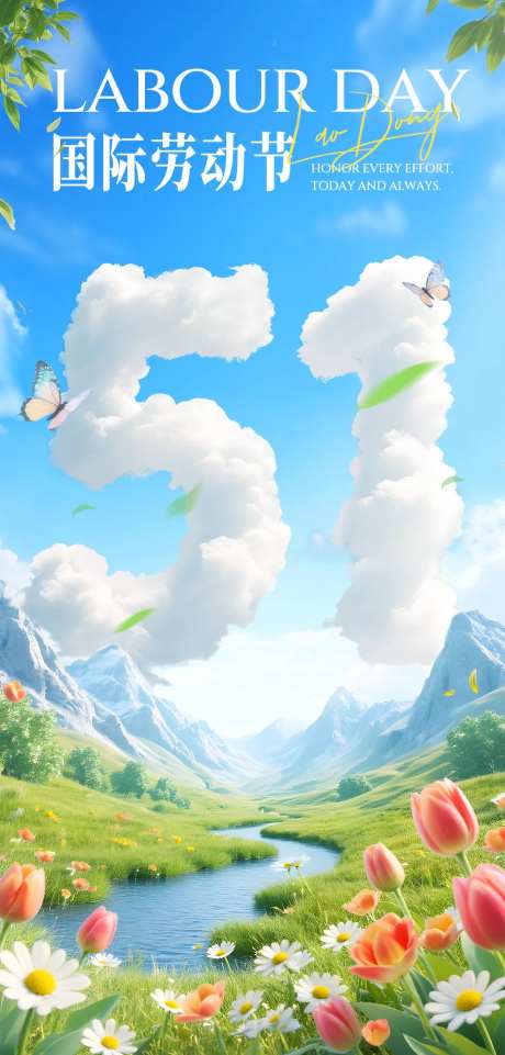 51劳动节旅游清新云朵草地天空海报-采灵感-https://www.cailinggan.com/