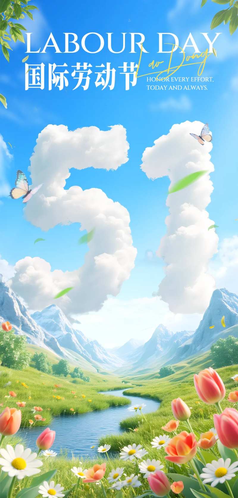 51劳动节旅游清新云朵草地天空海报-采灵感-cailinggan.com