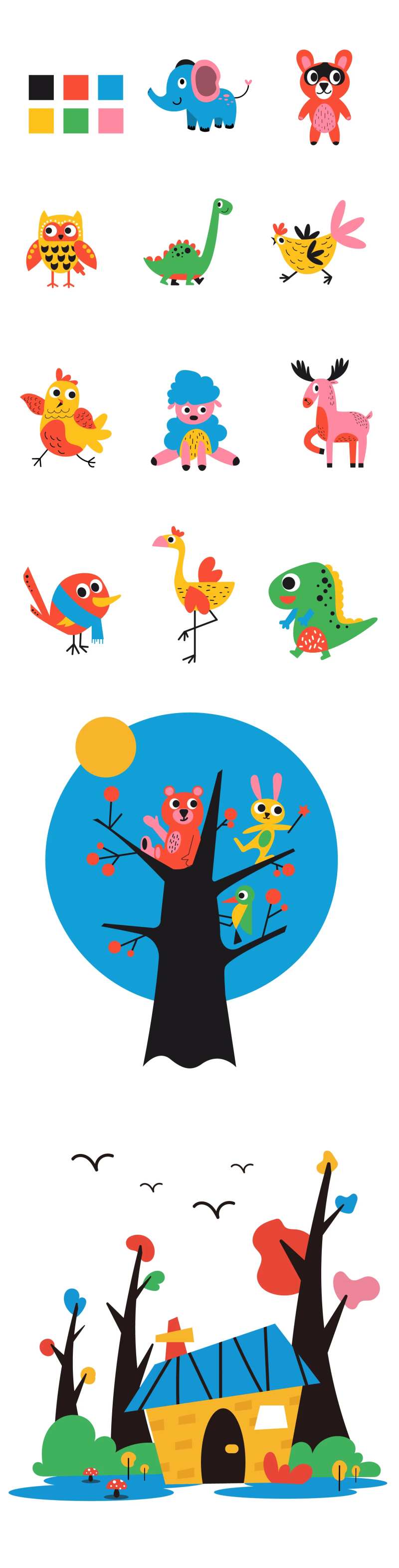 创意撞色矢量卡通插画元素设计-采灵感-cailinggan.com