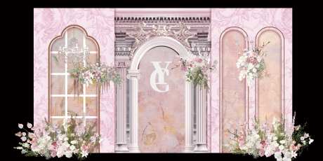 豆沙粉色花卉油画法式婚礼效果图-采灵感-https://www.cailinggan.com/