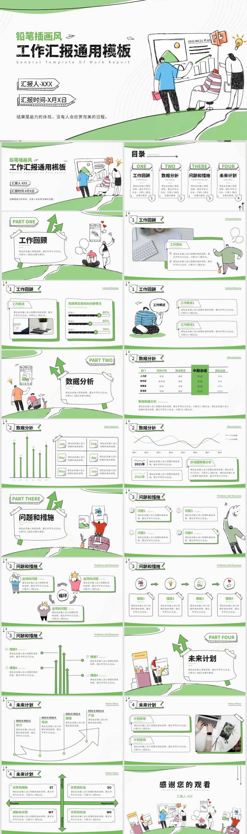 绿色铅笔插画风工作汇报ppt-采灵感-cailinggan.com