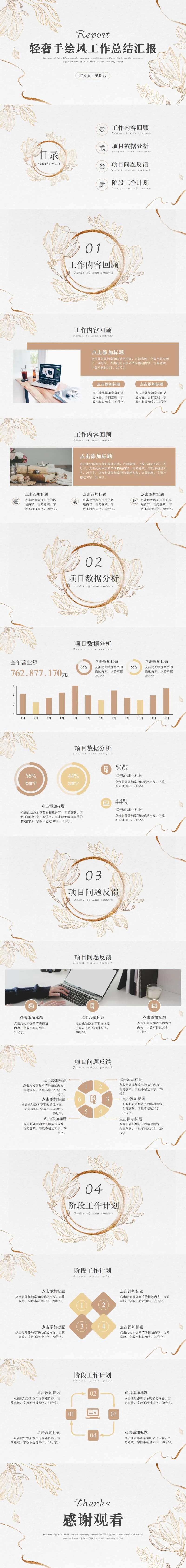 轻奢手绘风工作总结汇报通用PPT模板-采灵感-cailinggan.com