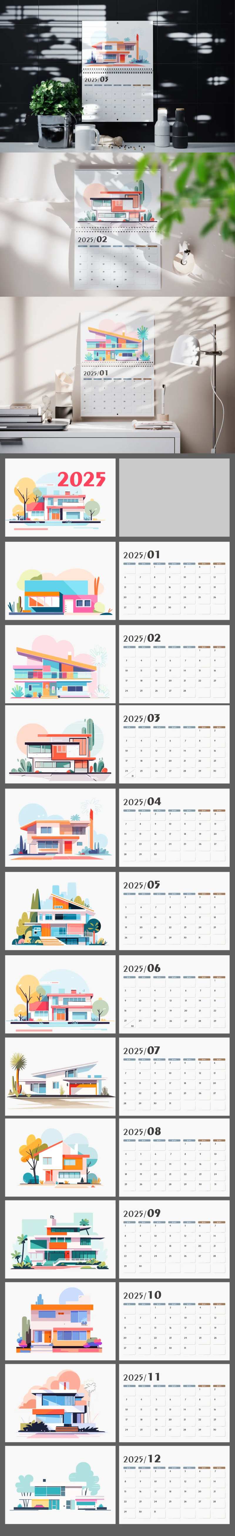 2025建筑插画竖版挂历+挂历样机-采灵感-cailinggan.com