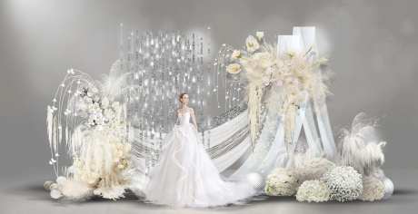 韩式白色香槟色羽毛草花艺设计手绘婚礼-采灵感-https://www.cailinggan.com/