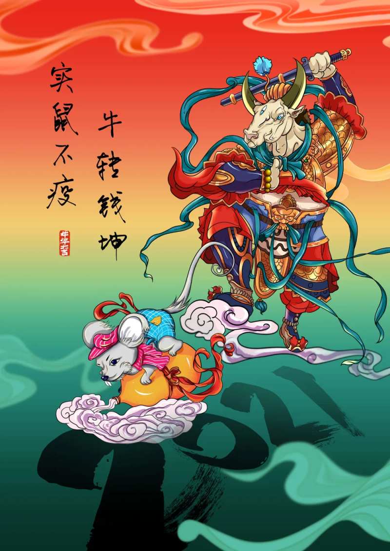 实鼠不易牛转钱坤创意插画-采灵感-cailinggan.com