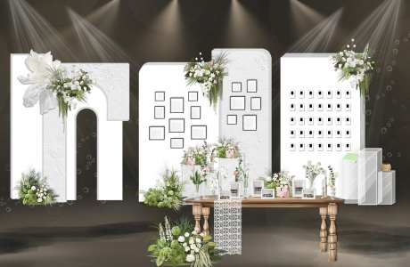 白绿泰式婚礼照片展示堆头美陈-采灵感-https://www.cailinggan.com/