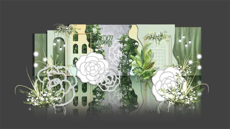绿色山茶花浪漫清新美陈舞台背景-采灵感-cailinggan.com