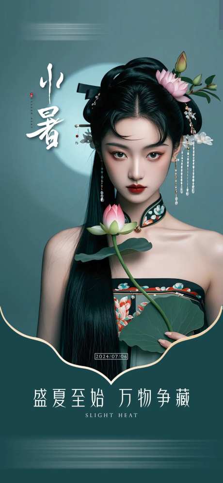 国风荷花美女小暑节气海报-采灵感-https://www.cailinggan.com/