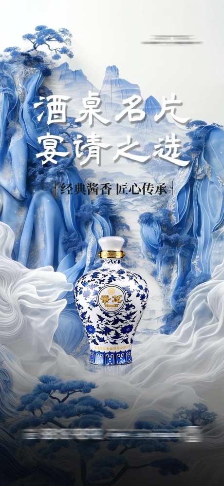 中式白酒新中式青花瓷海报-采灵感-https://www.cailinggan.com/