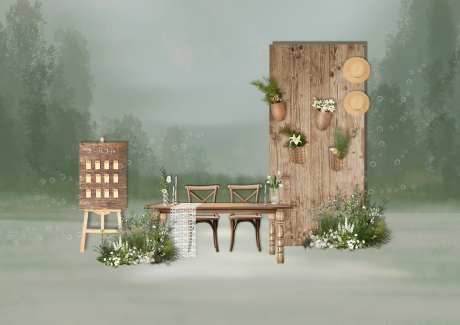 户外森系婚礼木质签到区婚礼效果图-采灵感-https://www.cailinggan.com/