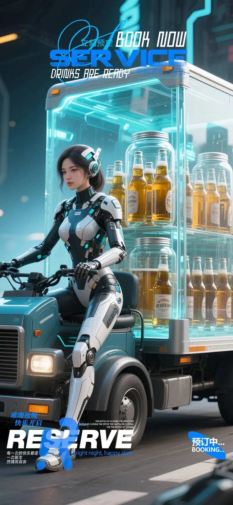 酒吧夜店赛博送酒的机甲美女海报-采灵感-cailinggan.com