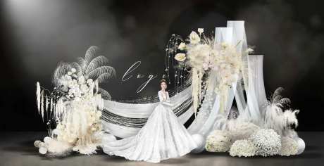 韩式白色香槟色羽毛手绘婚礼效果图背景-采灵感-https://www.cailinggan.com/