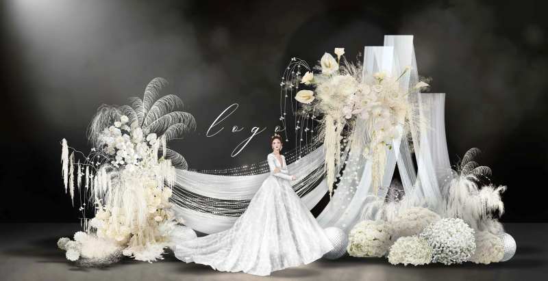 韩式白色香槟色羽毛手绘婚礼效果图背景-采灵感-cailinggan.com