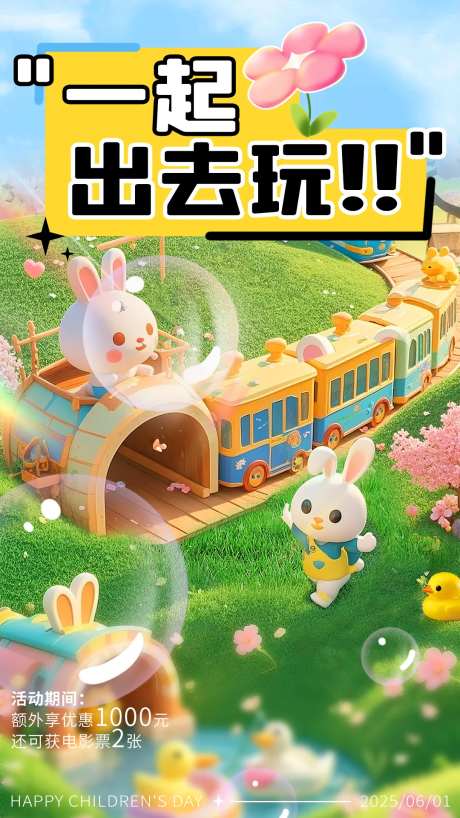 绿色春季儿童卡通3D海报-采灵感-https://www.cailinggan.com/