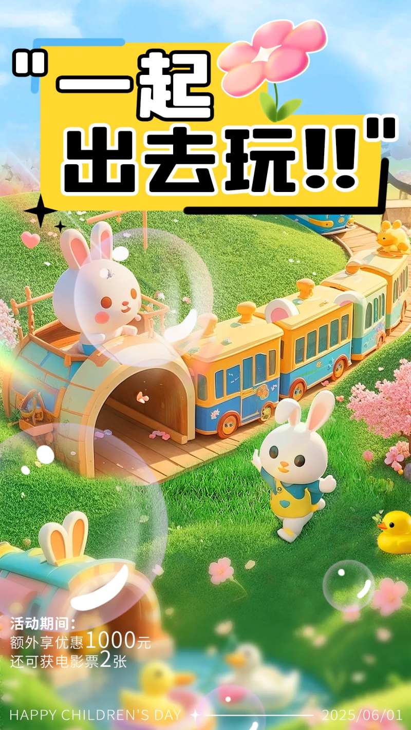 绿色春季儿童卡通3D海报-采灵感-cailinggan.com