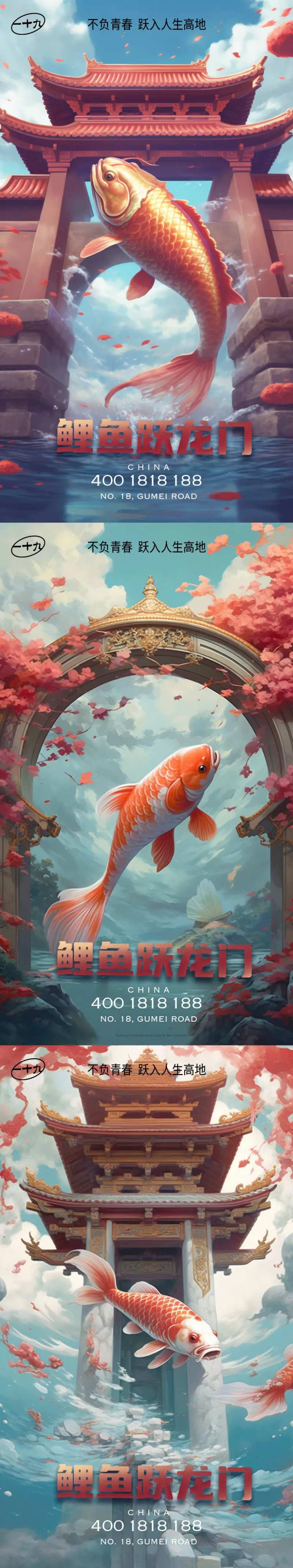 鲤鱼跃龙门卡通系列海报-采灵感-cailinggan.com