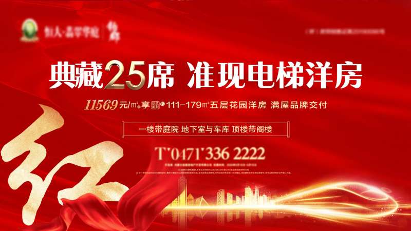 房地产红金大气电梯洋房广告展板-采灵感-cailinggan.com