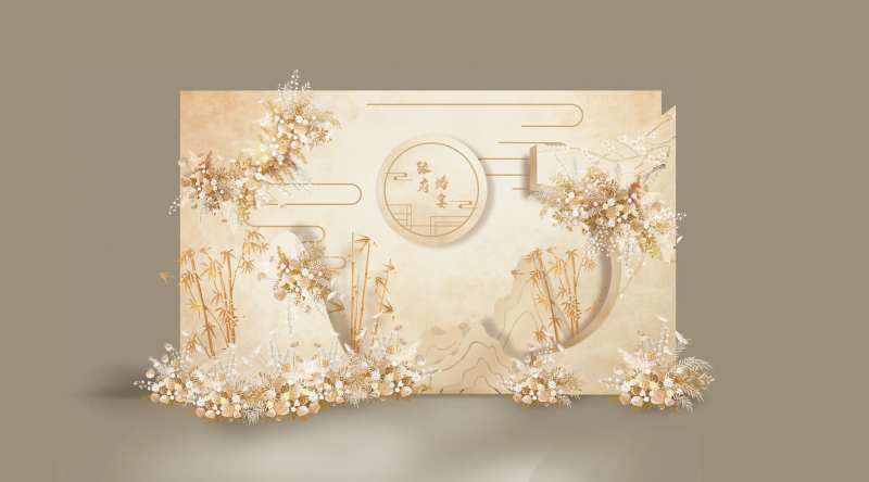 香槟色新中式婚礼布置迎宾区堆头美陈-采灵感-cailinggan.com
