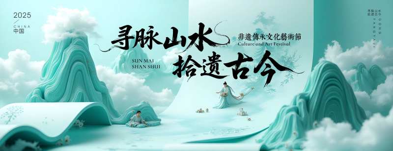 新中式国风卷轴山水背景-采灵感-cailinggan.com